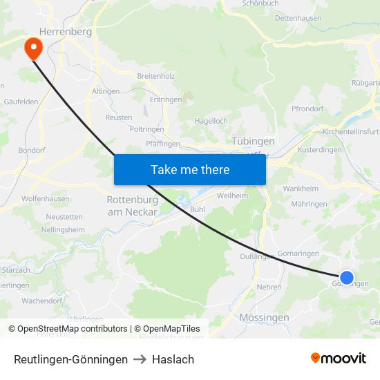 Reutlingen-Gönningen to Haslach map