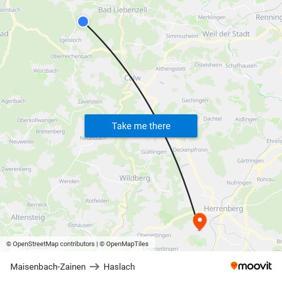 Maisenbach-Zainen to Haslach map