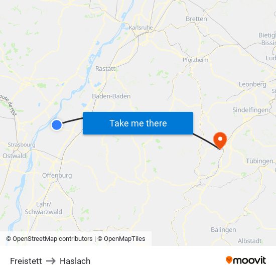 Freistett to Haslach map