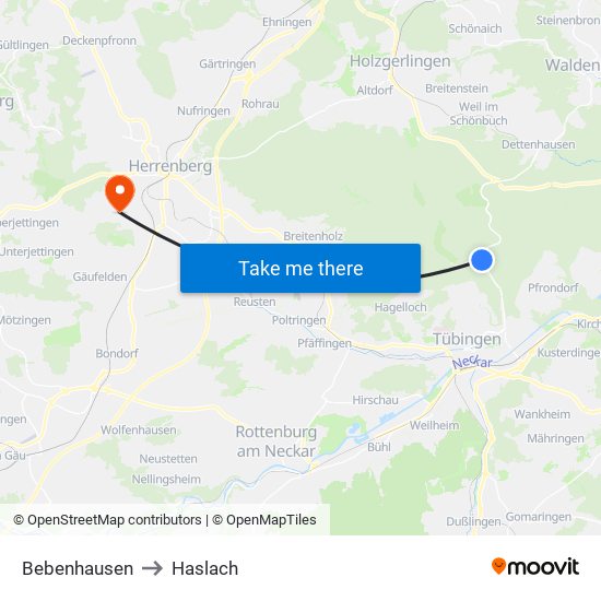 Bebenhausen to Haslach map