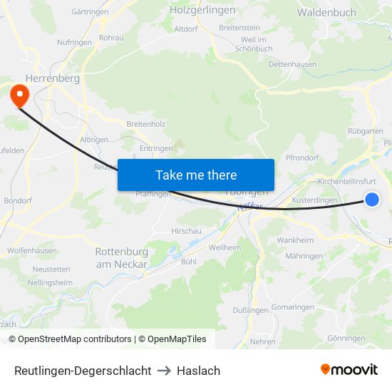 Reutlingen-Degerschlacht to Haslach map
