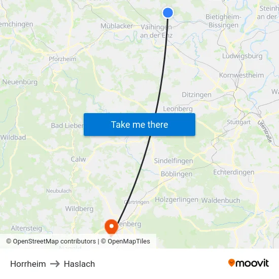 Horrheim to Haslach map