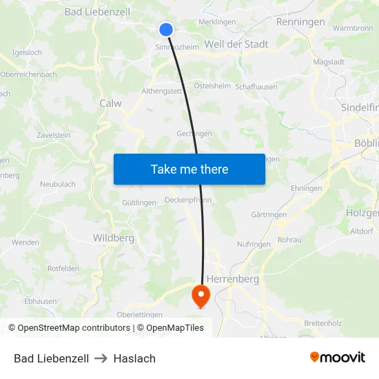 Bad Liebenzell to Haslach map
