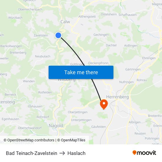 Bad Teinach-Zavelstein to Haslach map