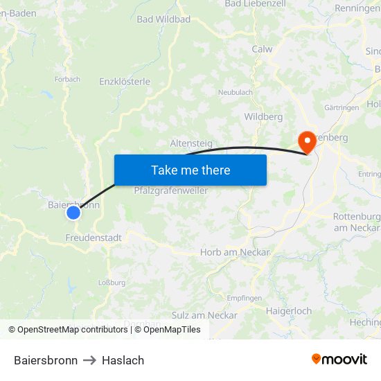Baiersbronn to Haslach map