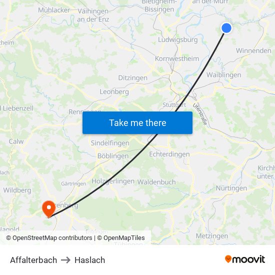 Affalterbach to Haslach map