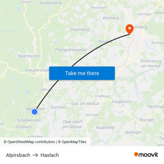 Alpirsbach to Haslach map