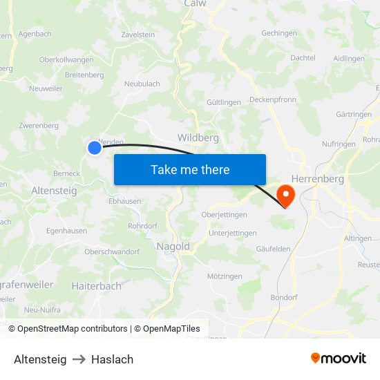 Altensteig to Haslach map
