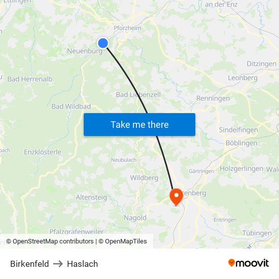 Birkenfeld to Haslach map