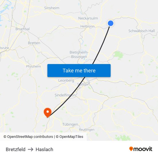 Bretzfeld to Haslach map