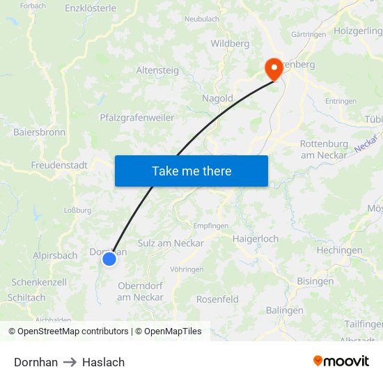 Dornhan to Haslach map