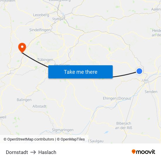 Dornstadt to Haslach map