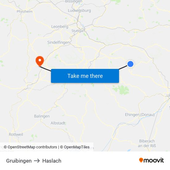 Gruibingen to Haslach map