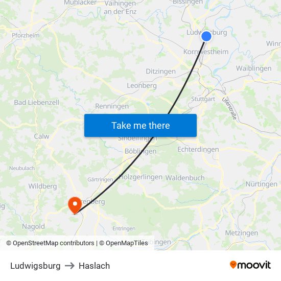 Ludwigsburg to Haslach map