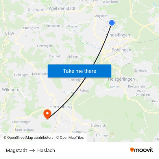 Magstadt to Haslach map