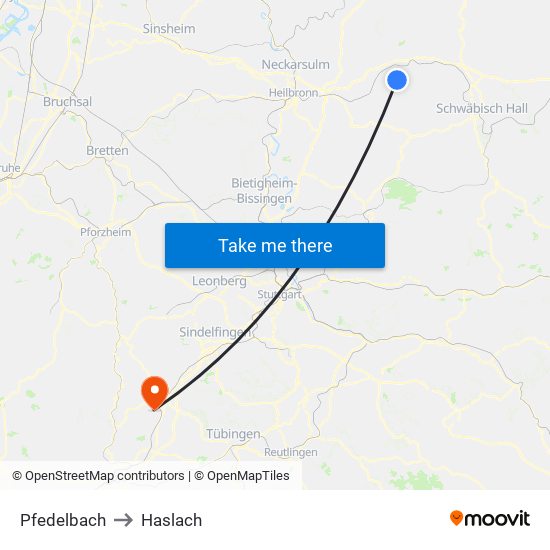 Pfedelbach to Haslach map