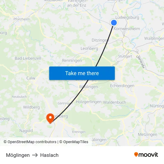 Möglingen to Haslach map