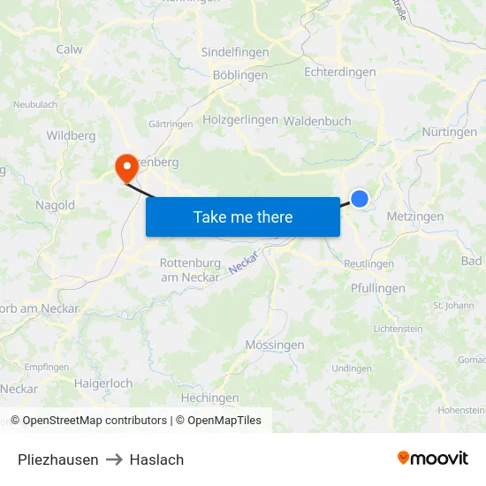 Pliezhausen to Haslach map