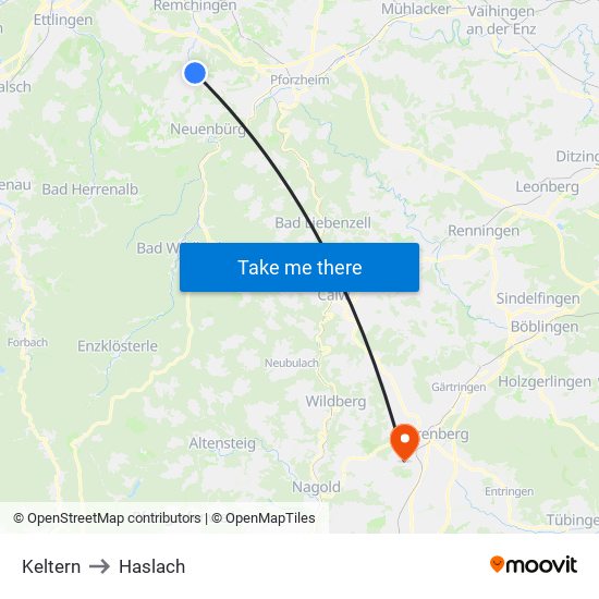 Keltern to Haslach map