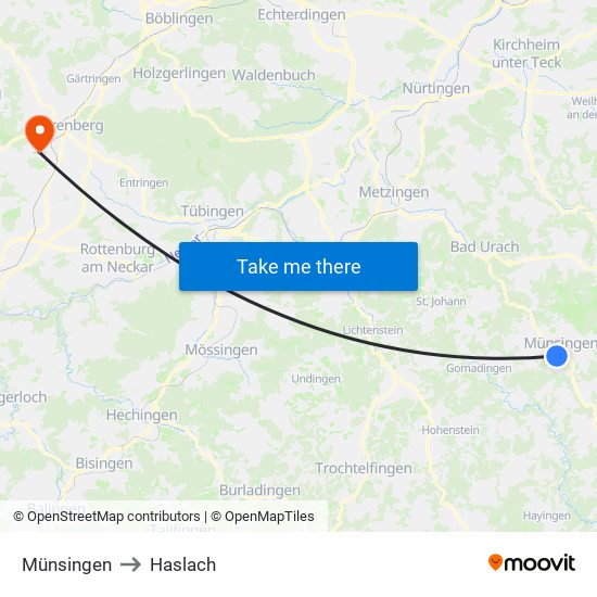 Münsingen to Haslach map