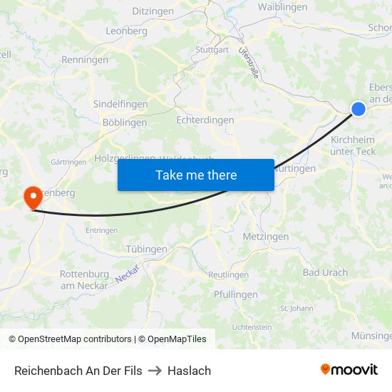 Reichenbach An Der Fils to Haslach map