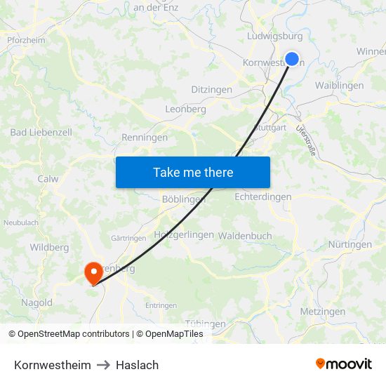 Kornwestheim to Haslach map