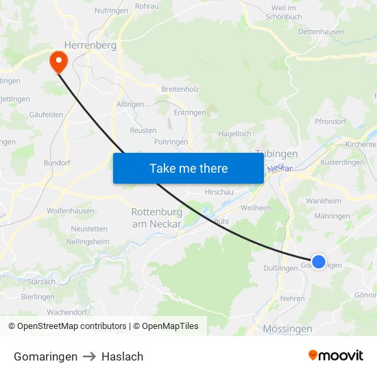 Gomaringen to Haslach map