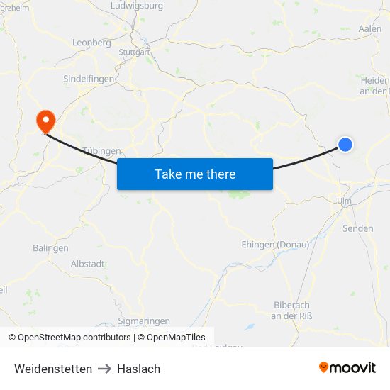 Weidenstetten to Haslach map