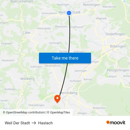 Weil Der Stadt to Haslach map