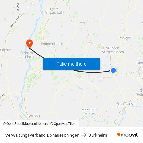 Verwaltungsverband Donaueschingen to Burkheim map