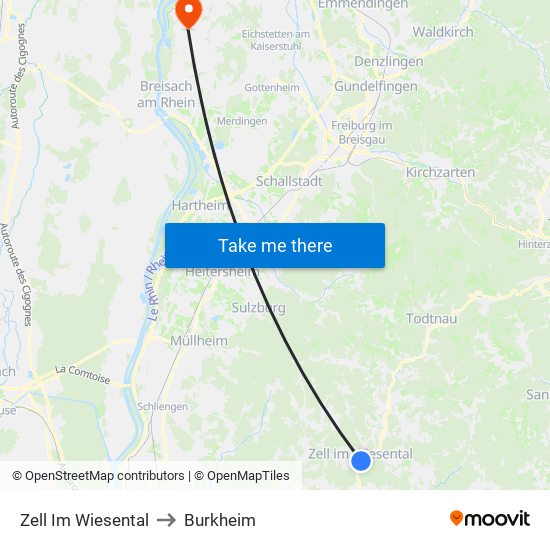 Zell Im Wiesental to Burkheim map