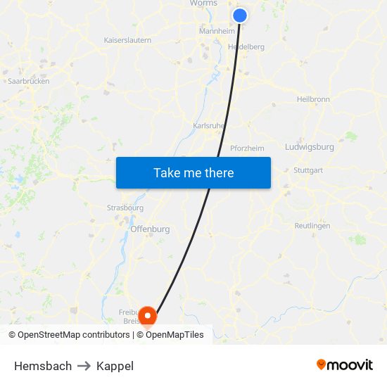 Hemsbach to Kappel map