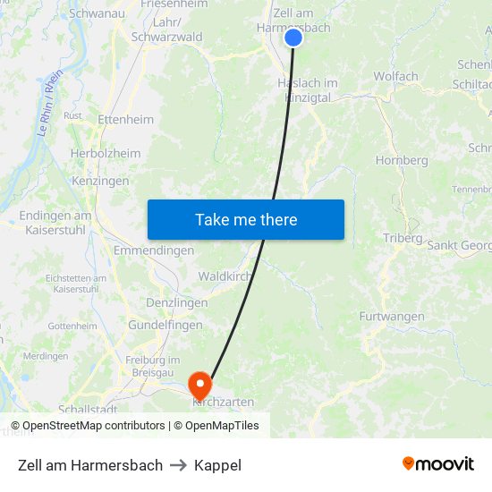 Zell am Harmersbach to Kappel map