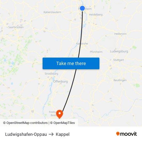 Ludwigshafen-Oppau to Kappel map