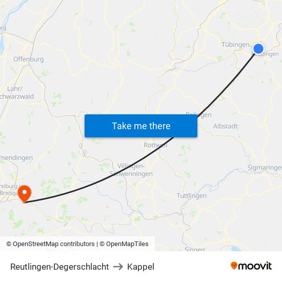 Reutlingen-Degerschlacht to Kappel map