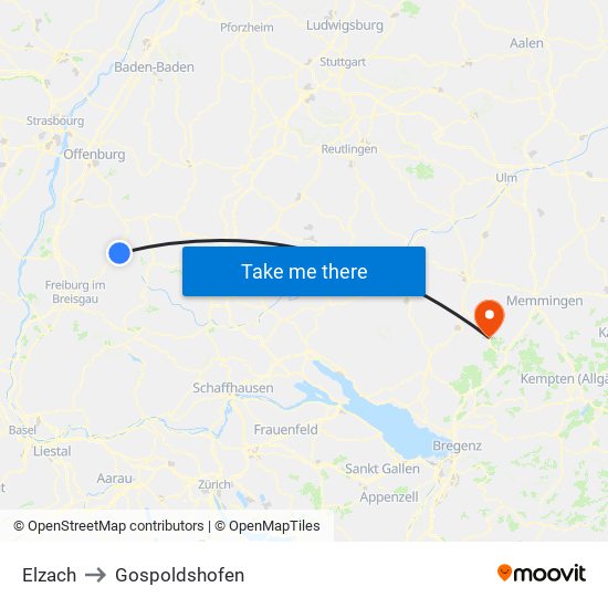 Elzach to Gospoldshofen map