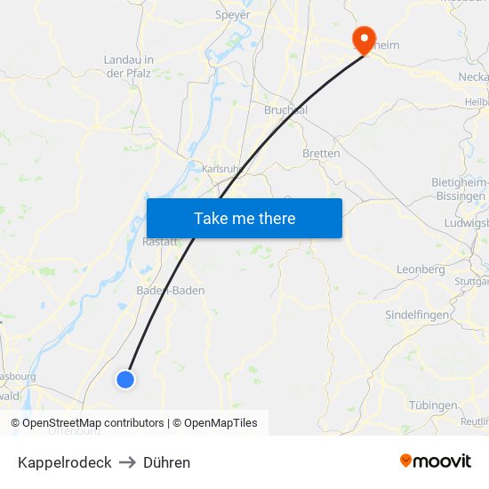 Kappelrodeck to Dühren map