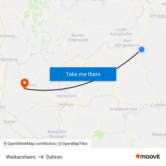 Weikersheim to Dühren map