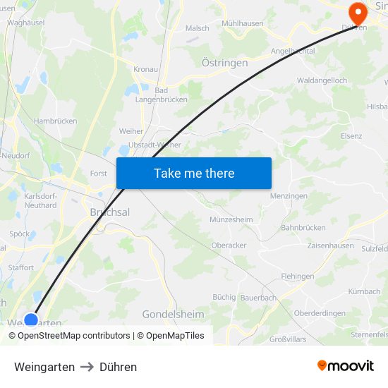 Weingarten to Dühren map