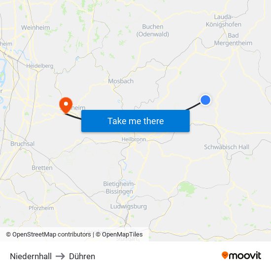 Niedernhall to Dühren map
