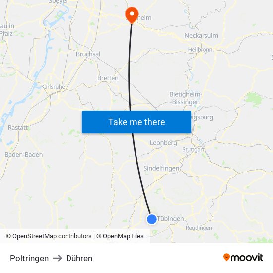 Poltringen to Dühren map