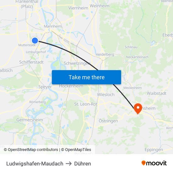 Ludwigshafen-Maudach to Dühren map