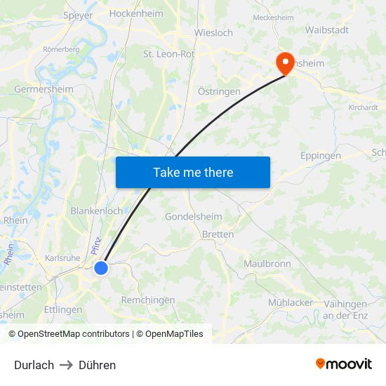 Durlach to Dühren map
