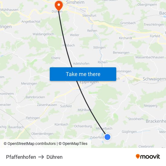 Pfaffenhofen to Dühren map