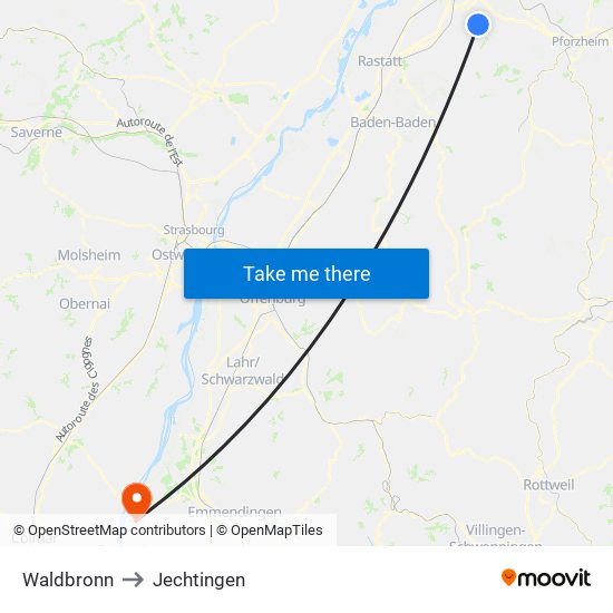 Waldbronn to Jechtingen map