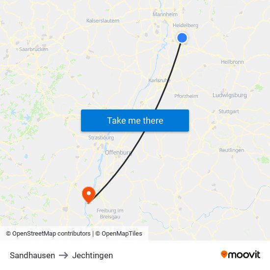 Sandhausen to Jechtingen map