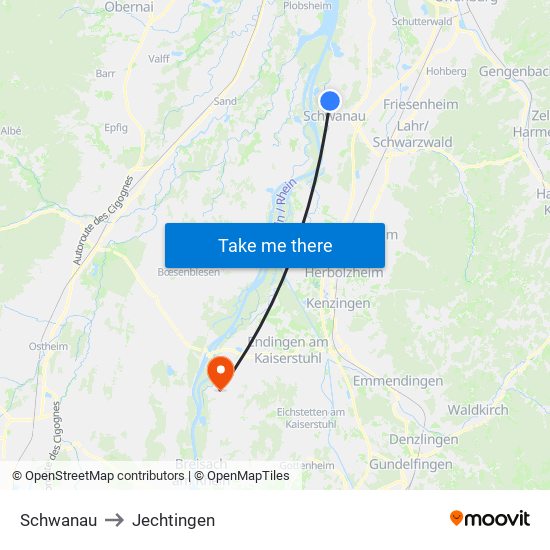 Schwanau to Jechtingen map