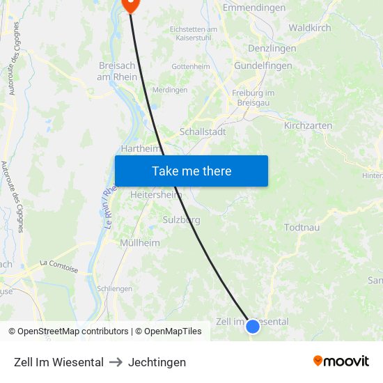 Zell Im Wiesental to Jechtingen map