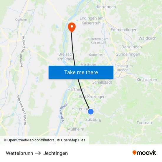 Wettelbrunn to Jechtingen map
