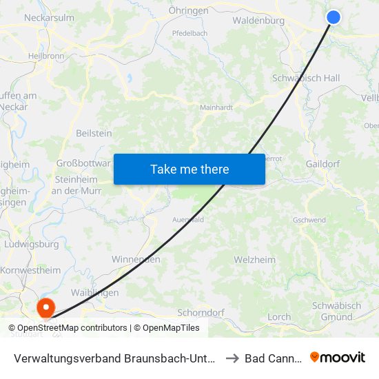 Verwaltungsverband Braunsbach-Untermünkheim to Bad Cannstatt map